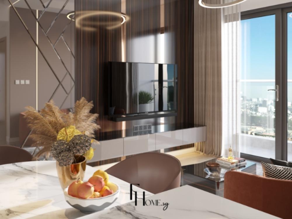 Phòng khách chung cư 55m2 liên thông phòng bếp tạo cảm giác rộng rãi