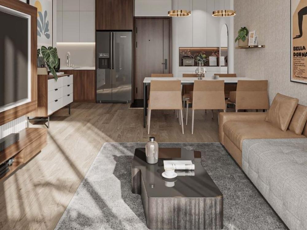 Phòng khách chung cư 55m2 với sofa xám, bàn trà gỗ