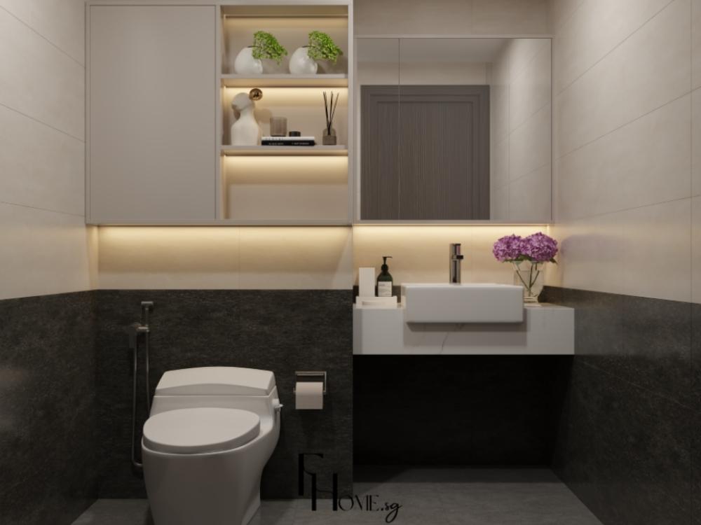 Phòng vệ sinh chung cư 80m2 với bồn sang trọng, vòi sen hiện đại và các chi tiết kim loại mạ vàng