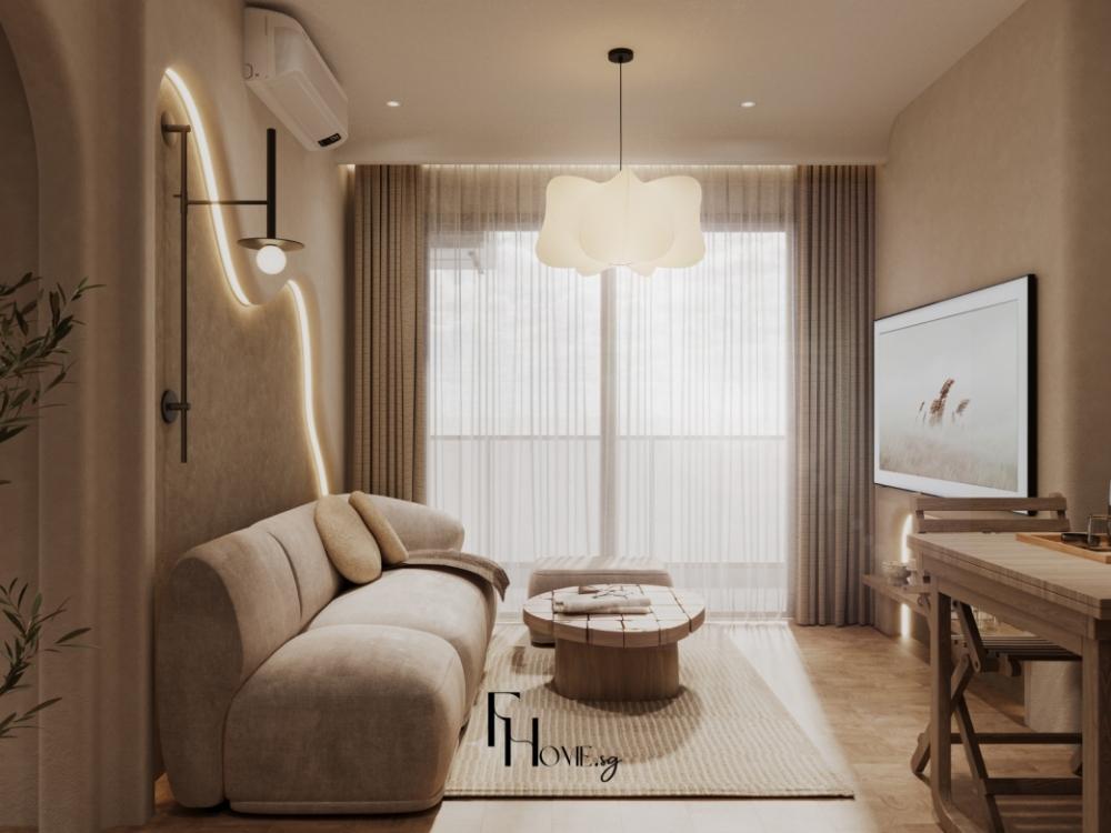 Phòng khách chung cư 80m2 với sofa vàng, bàn trà đá marble và hệ thống chiếu sáng âm trần