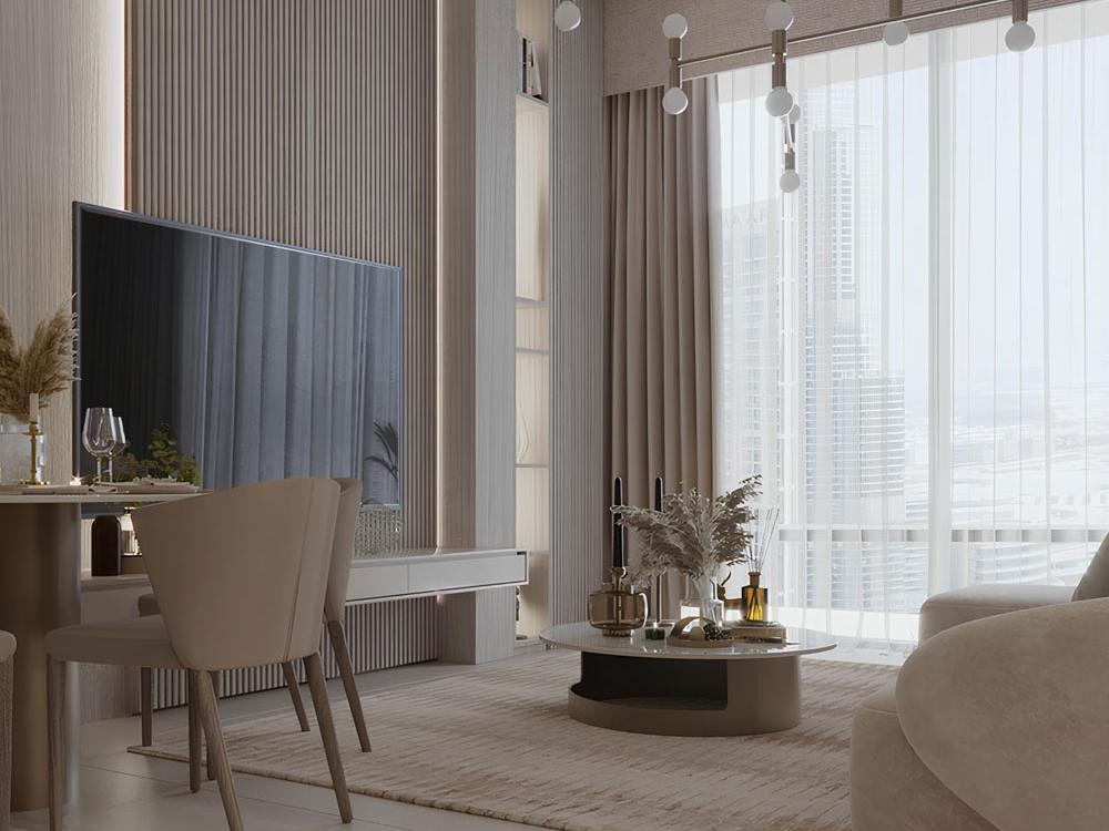 Phòng khách chung cư 85m2 với tông màu trắng vàng chủ đạo