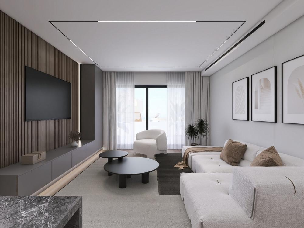 Phòng khách chung cư 85m2 với sofa da, bàn trà đá và hệ thống chiếu sáng ấm trần