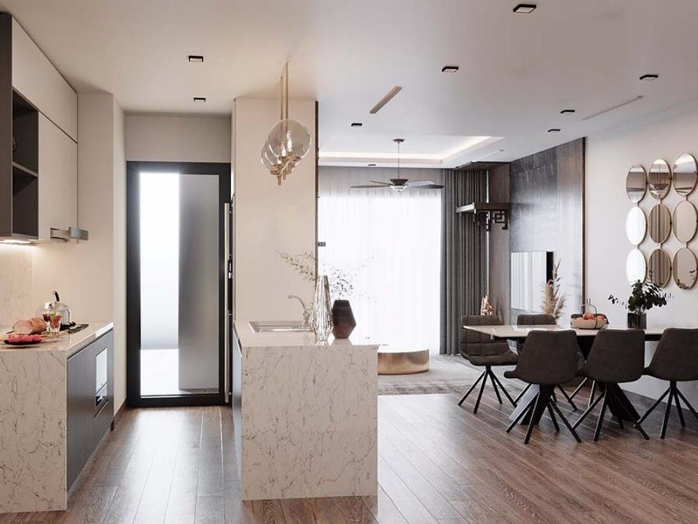 Phòng khách chung cư 85m2 liên thông phòng bếp bằng vách ngăn giúp tôi ưu không gian