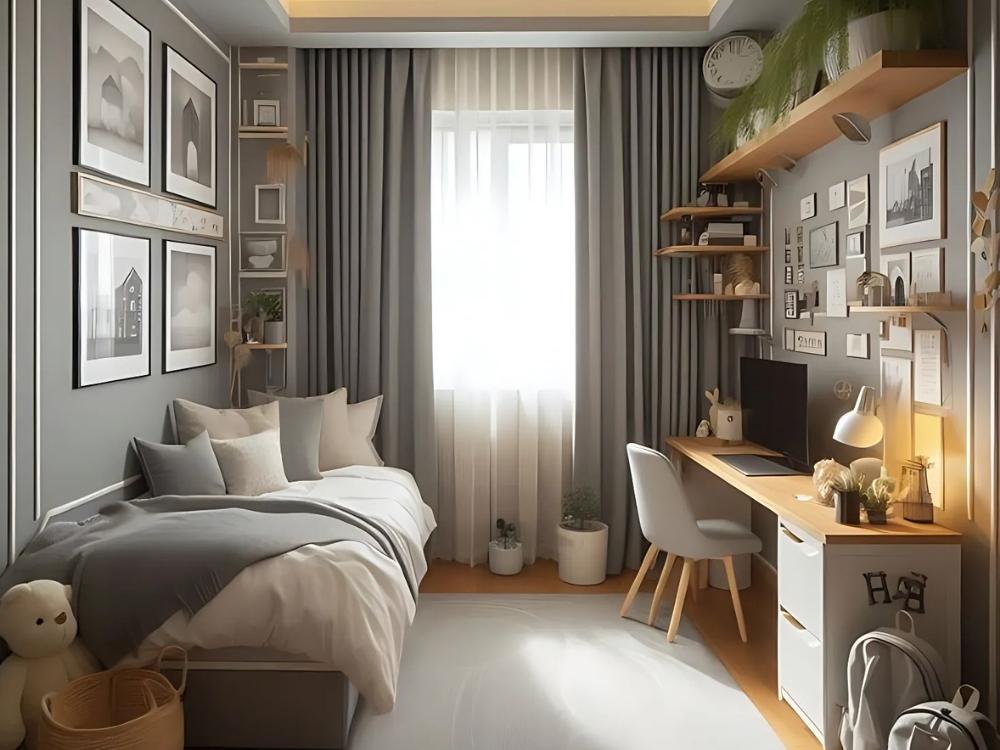 Phòng ngủ chung cư 85m2 với giường gỗ, kệ để sách