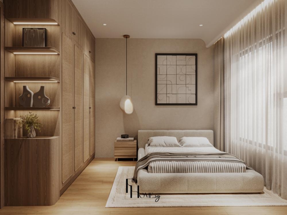 Phòng ngủ chung cư 80m2 với giường gỗ, tủ âm tường