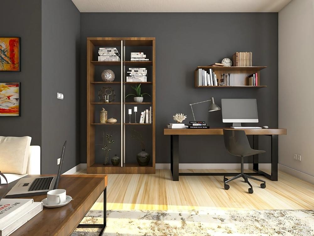 Phòng làm việc chung cư 90m2 với bàn làm việc gỗ, kệ sách và ánh sáng tự nhiên tạo không gian sáng tạo và hiệu quả.