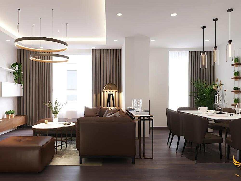 Phòng khách chung cư 90m2 với sofa da, bàn trà đá marble và hệ thống ánh sáng đa tầng tạo không gian sang trọng và thoải mái.