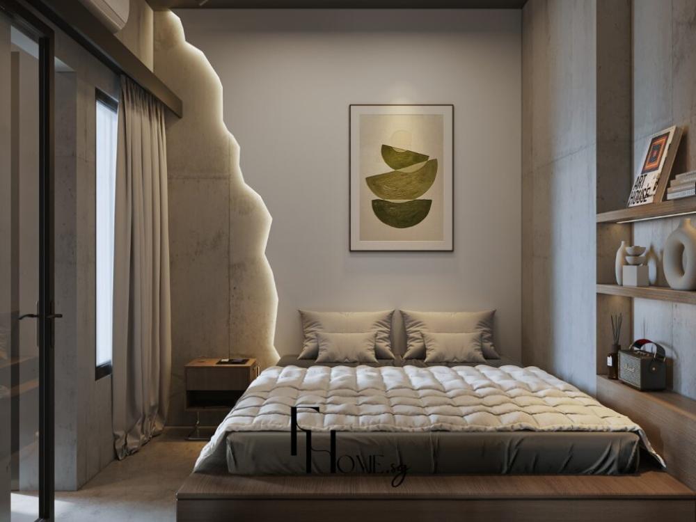 Phòng ngủ phong cách Brutalism với giường gỗ tự nhiên, bộ chăn ga xám và đèn ngủ công nghiệp tạo không gian mạnh mẽ, cá tính.