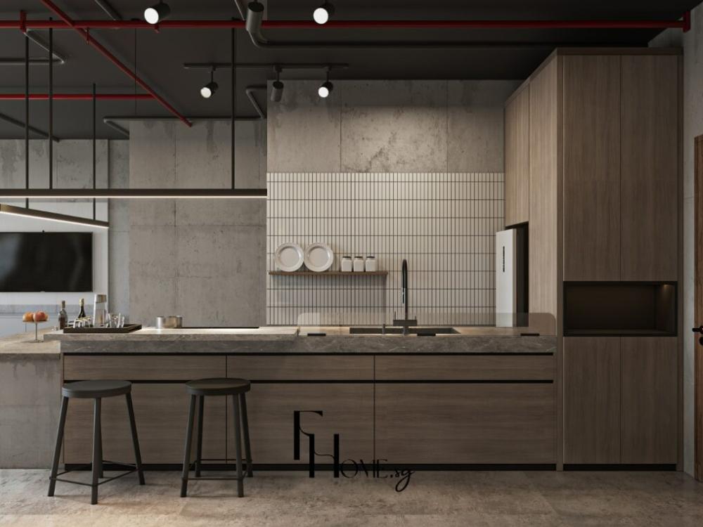 Phòng bếp phong cách Brutalism với tông màu xám chủ đạo