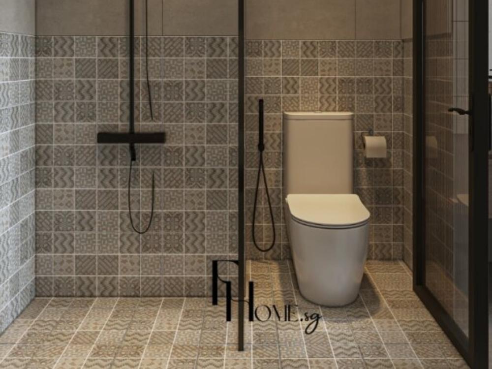 Phòng vệ sinh phong cách Brutalism với bồn bê tông trắn gam màu xám nhạt hoa văn