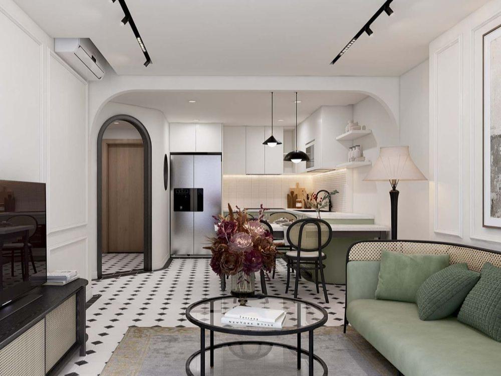 Phòng khách phong cách Indochine với tông màu trắng chủ đạo, bộ bàn gế tông màu xanh nhạt