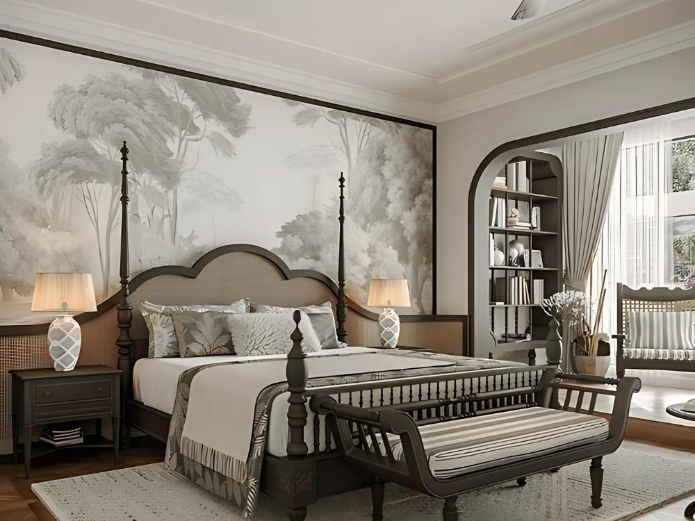 Phòng ngủ phong cách Indochine với giường gỗ tự nhiên, bộ chăn ga vải lanh và các chi tiết gốm sứ tạo không gian thư giãn.