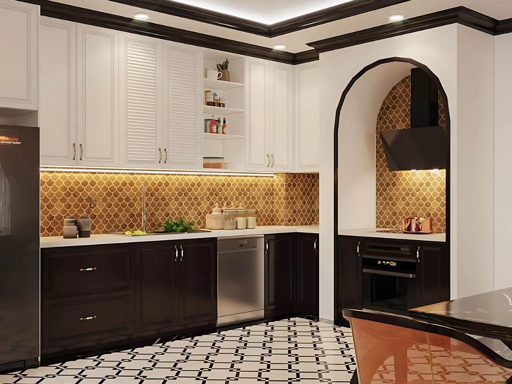 Phòng bếp phong cách Indochine với tủ bếp gỗ tự nhiên, mặt bàn đá hoa cương và đèn led cổ điển