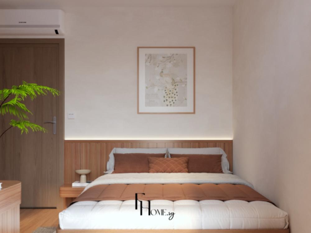 Phòng ngủ phong cách Japandi với tông màu trắng gỗ chủ đạo