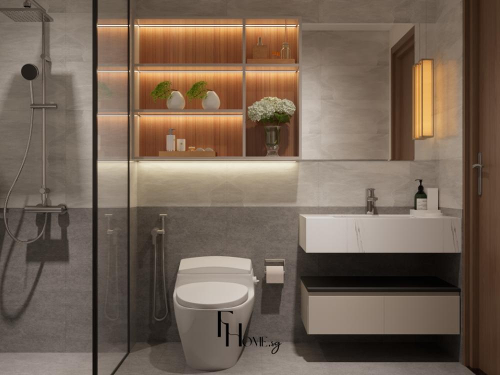 Phòng vệ sinh phong cách Japandi với tông màu xám kết hợp đèn led hiện đại