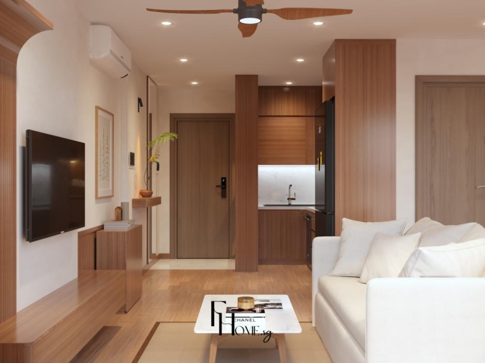 Phòng khách Japandi với sofa vải trắng, bàn trà gỗ sồi và đèn trần tạo không gian tinh tế và thư giãn.