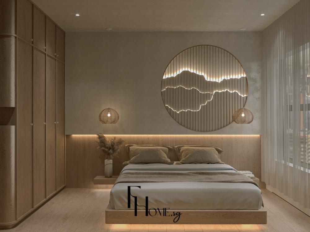 Phòng ngủ Nhật Bản với giường gỗ tự nhiên, bộ chăn ga trắng và ánh sáng tự nhiên tạo không gian thư giãn.