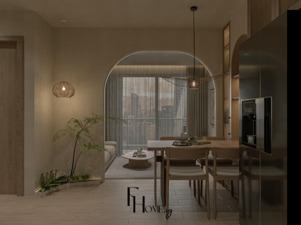 Phòng khách Nhật Bản liên thông với phòng bếp kết hợp đèn lồng giấy Washi tạo không gian thư giãn.