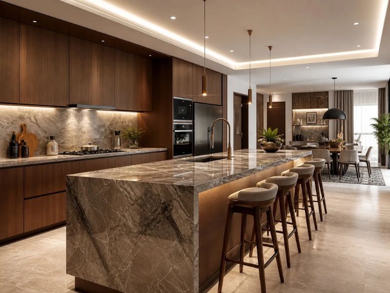 Thiết kế nhà bếp chung cư chữ I gỗ óc chó kịch trần kết hợp đảo bếp ốp đá vân nâu