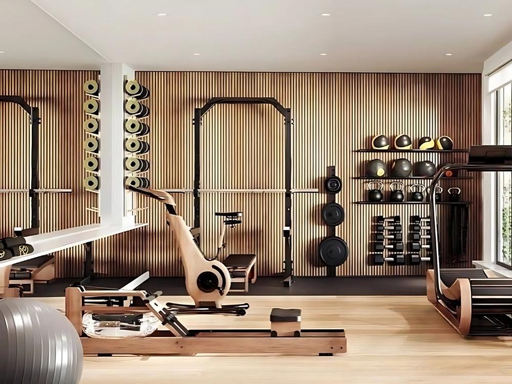 Phòng khách chung cư 140m2 với phòng tập thể dục tại nhà