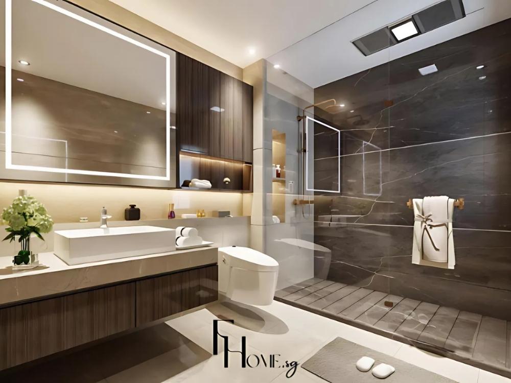 Phòng tắm chung cư 70m2 với bồn sang trọng, vòi sen hiện đại và các chi tiết kim loại mạ vàng tạo không gian tiện nghi.