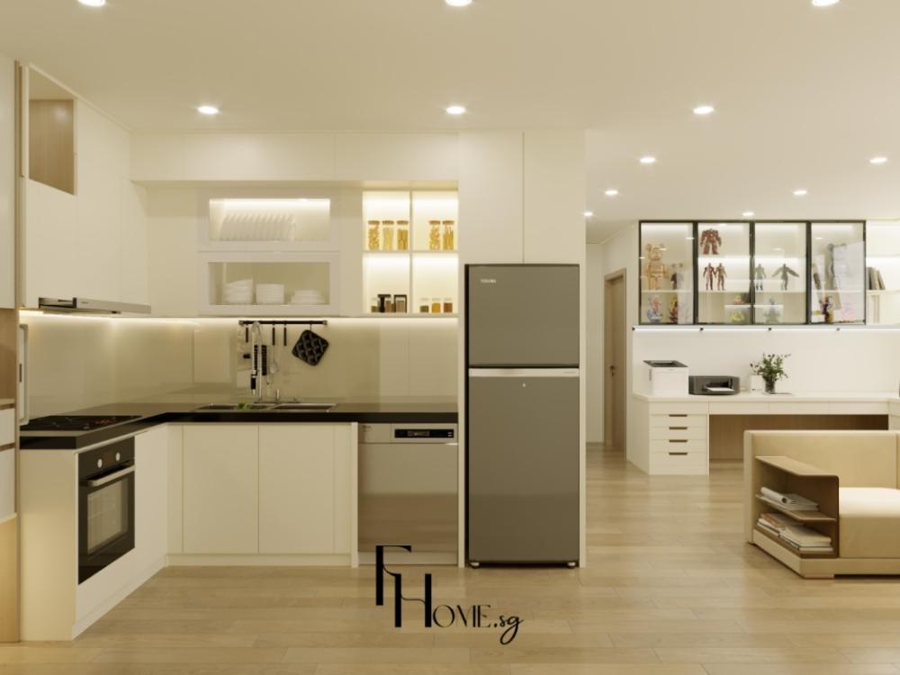 Phòng bếp chung cư 70m2 với tủ bếp gỗ sáng, mặt bàn đá trắng