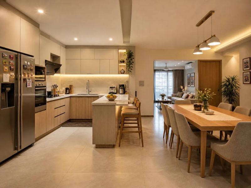 Mẫu thiết kế nội thất bếp chung cư chữ L xám trắng vân gỗ ấm kết hợp đảo bếp ốp gỗ vân dọc