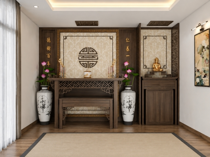 Mẫu thiết kế phòng thờ nhà phố 2 tầng trang nghiêm có bàn thờ Phật