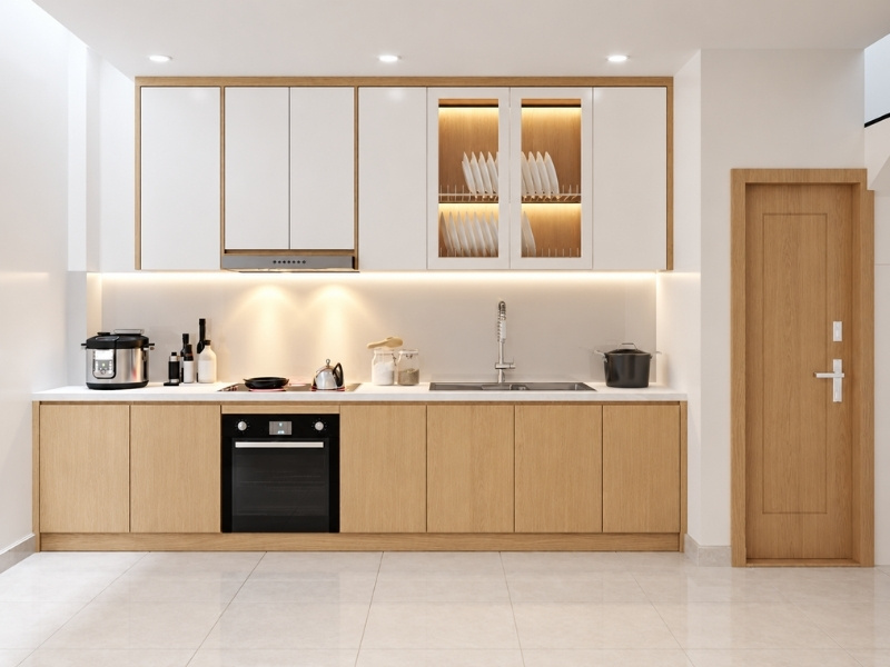 Mẫu tủ bếp chữ I kịch trần phối vân gỗ và trắng cho nhà phố 40m2