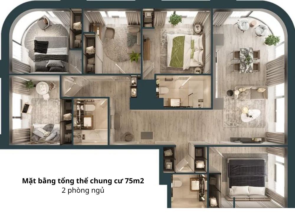 Mô hình Nội thất chung cư 75m2 với 3 phòng ngủ - 2 phòng ngủ