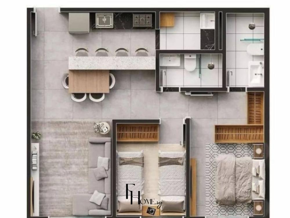 Mô hình Thiết kế nội thất chung cư 60m2 với 2 phòng ngủ