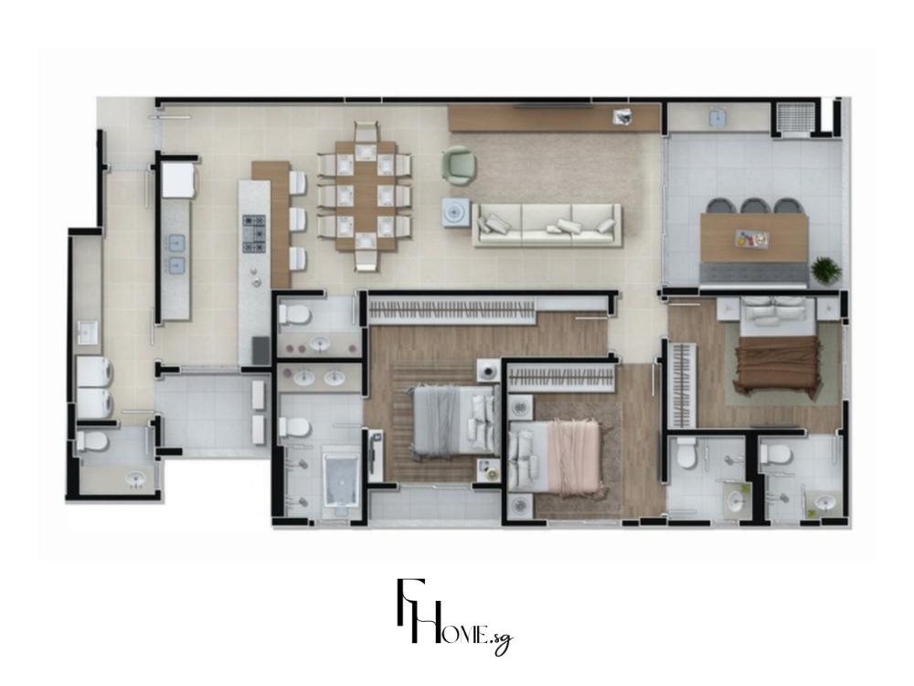 Mô hình Thiết kế nội thất chung cư 60m2 với 3 phòng ngủ