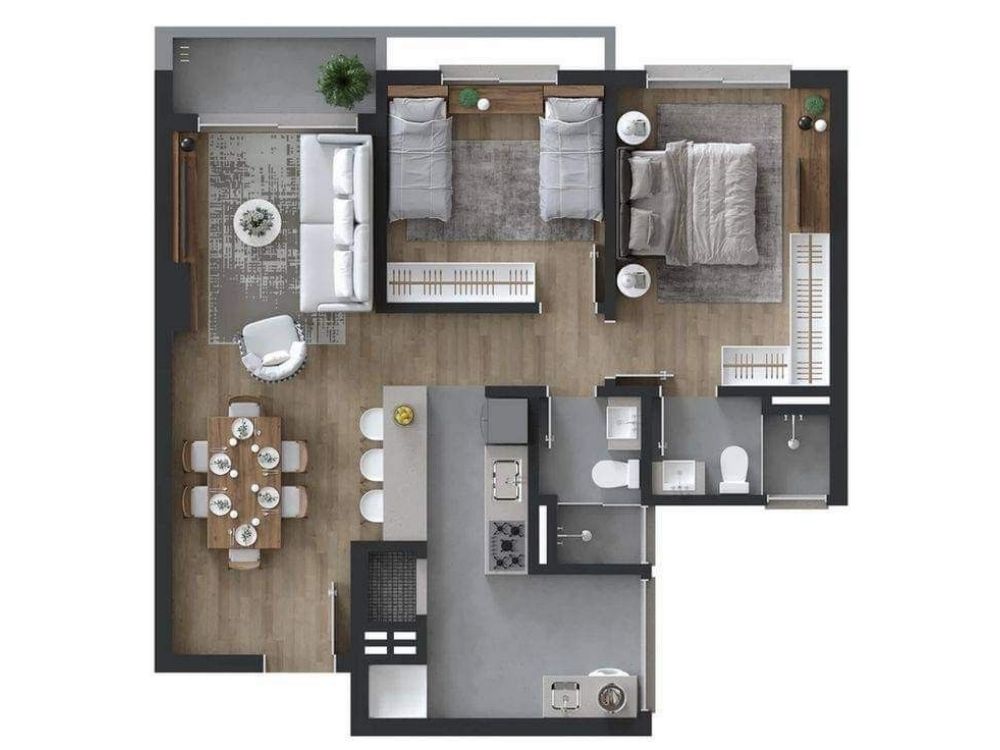 Mô hình thiết kế nội thất chung cư 80m2 với 2 phòng ngủ 