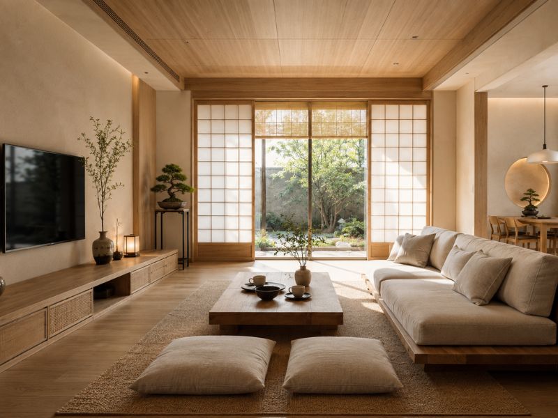 Nét đẹp tinh tế thiết kế nội thất phong cách Nhật Bản sofa thấp bonsai cửa Shoji
