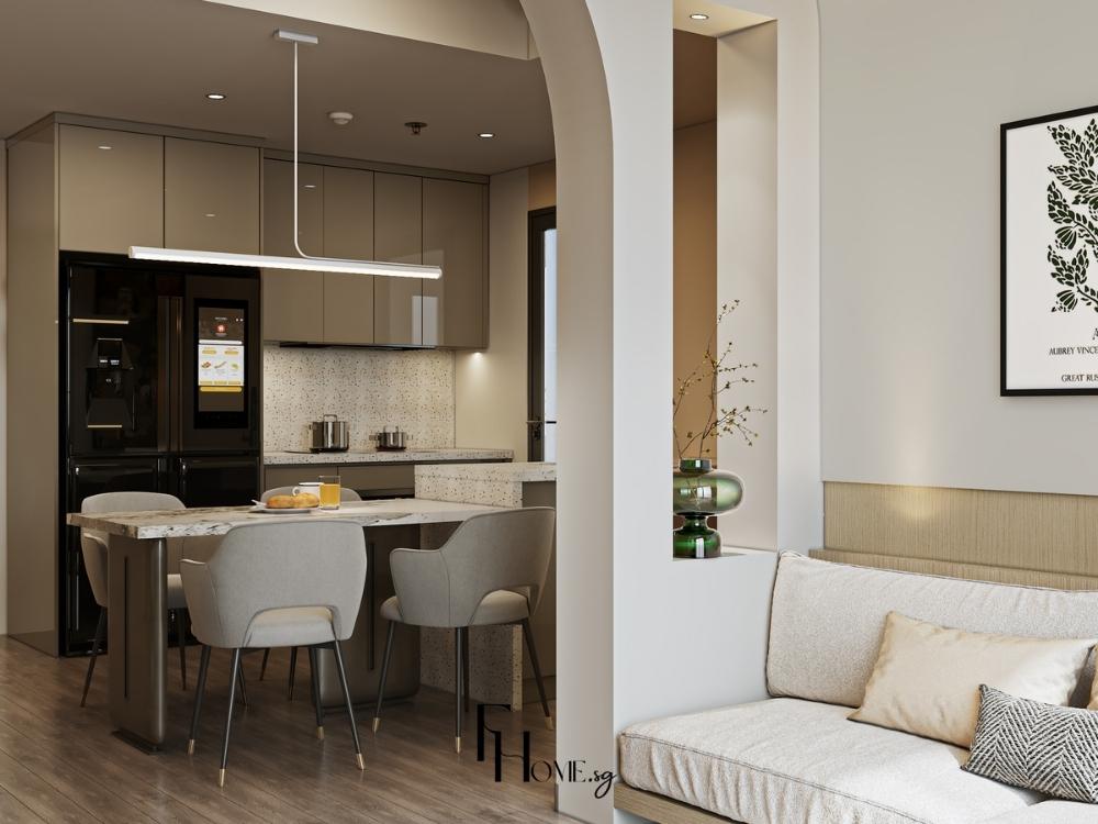 Nhà bếp nhỏ 3-5m² với tủ bếp cao kịch trần và kệ mở, tối đa hóa lưu trữ cho căn hộ studio