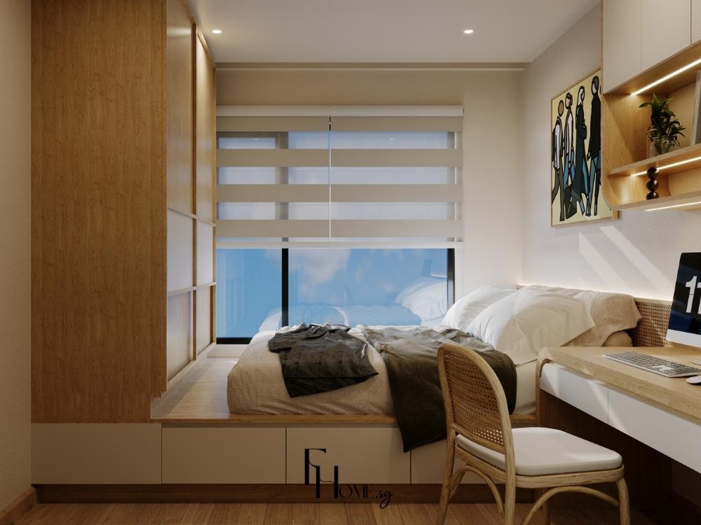 Nhà phố 2 tầng có 4 phòng ngủ với phòng ngủ chính hiện đại, thiết kế tối giản và sử dụng ánh sáng tự nhiên từ cửa sổ lớn giúp không gian trở nên thoáng đãng