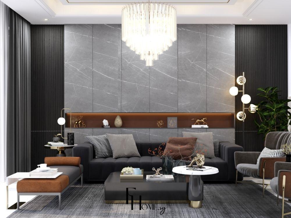 Phòng khách hiện đại với sofa da xám, bàn trà kính và kệ TV gỗ công nghiệp tạo không gian thông thoáng.