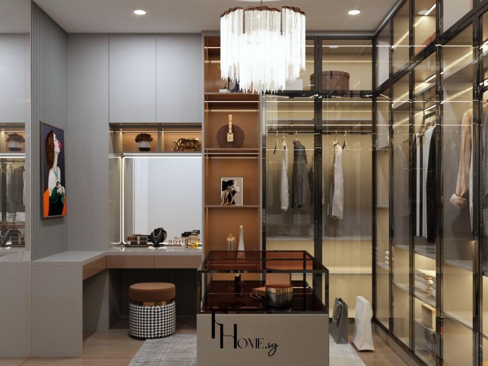 Phòng thay đồ hiện đại với tủ quần áo kính trong suốt, kệ mở tạo không gian tiện nghi và thoáng đãng.