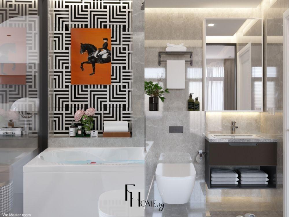 Phòng tắm hiện đại với bồn tắm, vòi sen, gạch men sáng màu và các chi tiết lưu trữ gỗ công nghiệp