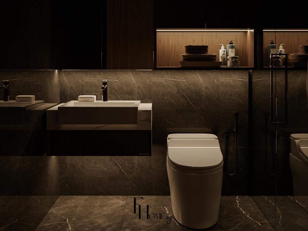 Nhà vệ Nhà vệ sinh căn hộ 1 phòng ngủ với thiết bị treo tường, bồn cầu âm tủ, gương LED và kệ góc tiện dụng, phòng tắm căn hộ 1 phòng ngủ