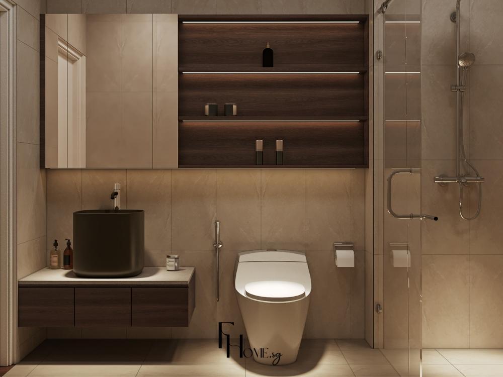 Nhà vệ sinh căn hộ 1 phòng ngủ phong cách Hiện đại, với gạch khổ lớn và inox