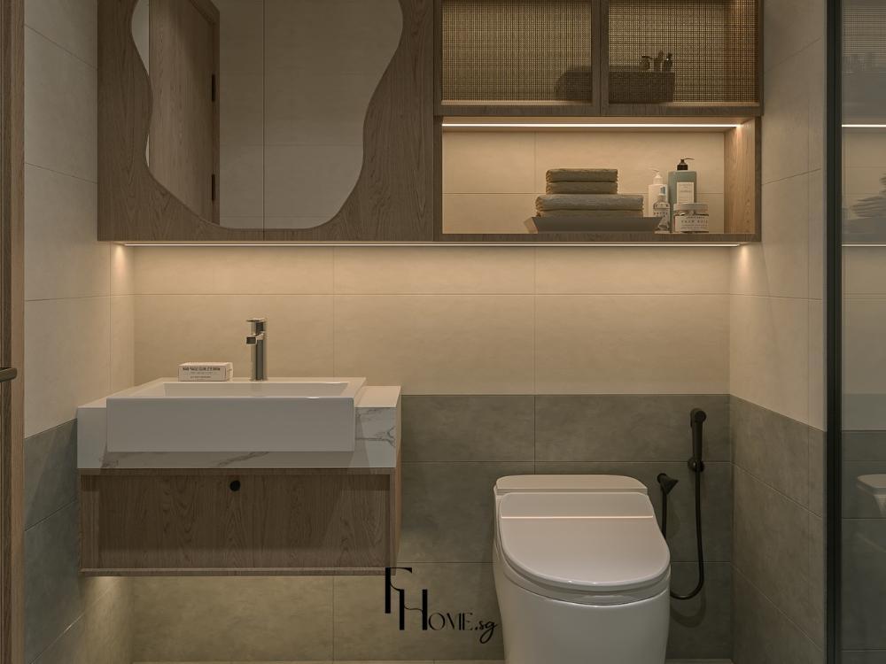 Nhà vệ sinh căn hộ 1 phòng ngủ với tông màu trắng sạch sẽ kết hợp đèn led