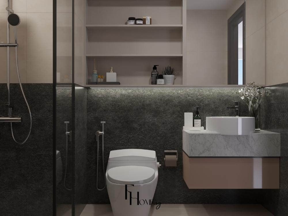 Phòng vệ sinh phong cách hiện đại với tông trắng – xám, sử dụng gạch, kính và kim loại