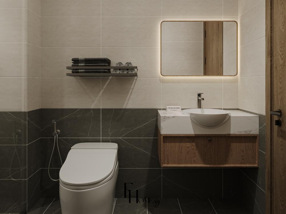 Nhà vệ sinh chung cư 60m² với lababo trắng sự, bồn cầu gắn sát tường