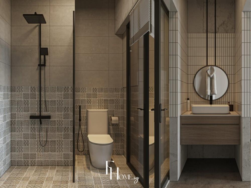 Nhà vệ sinh chung cư 65m² được thiết kế diện tích 3–5m², sử dụng tông màu trắng, xám nhạt và be để tạo cảm giác sạch sẽ và thoáng rộng