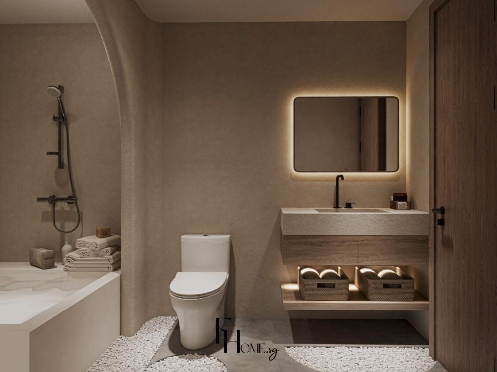 Nhà vệ sinh chung cư 75m² được thiết kế với bồn cầu treo tường, lavabo âm bàn, gương tủ chứa đồ