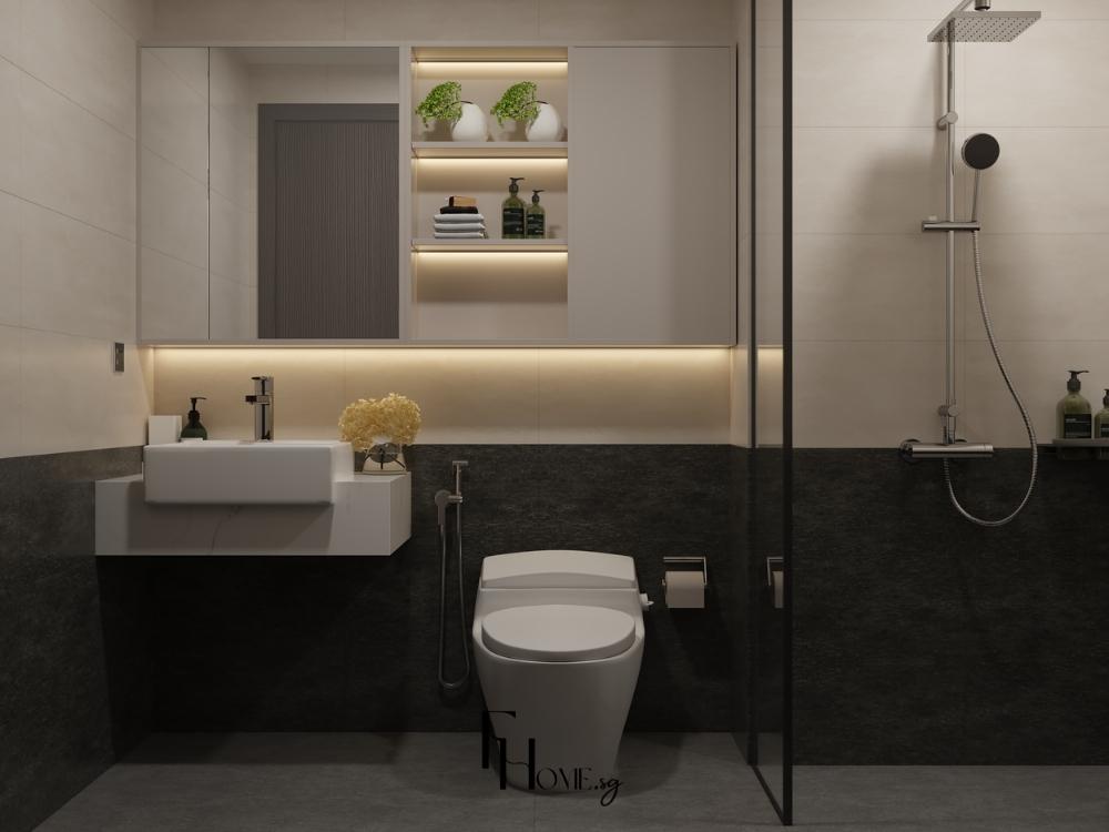 Nhà vệ sinh chung cư 90m2 với màu sắc nhẹ nhàng, gương LED, vòi hoa sen và hệ thống thông gió giúp