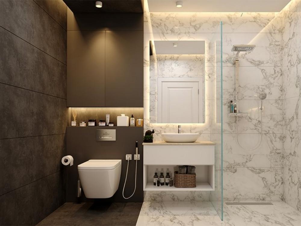 Nhà vệ sinh nhà phố 3 tầng có vách kính phân chia khu khô – ướt, giữ phòng tắm luôn khô ráo, an toàn