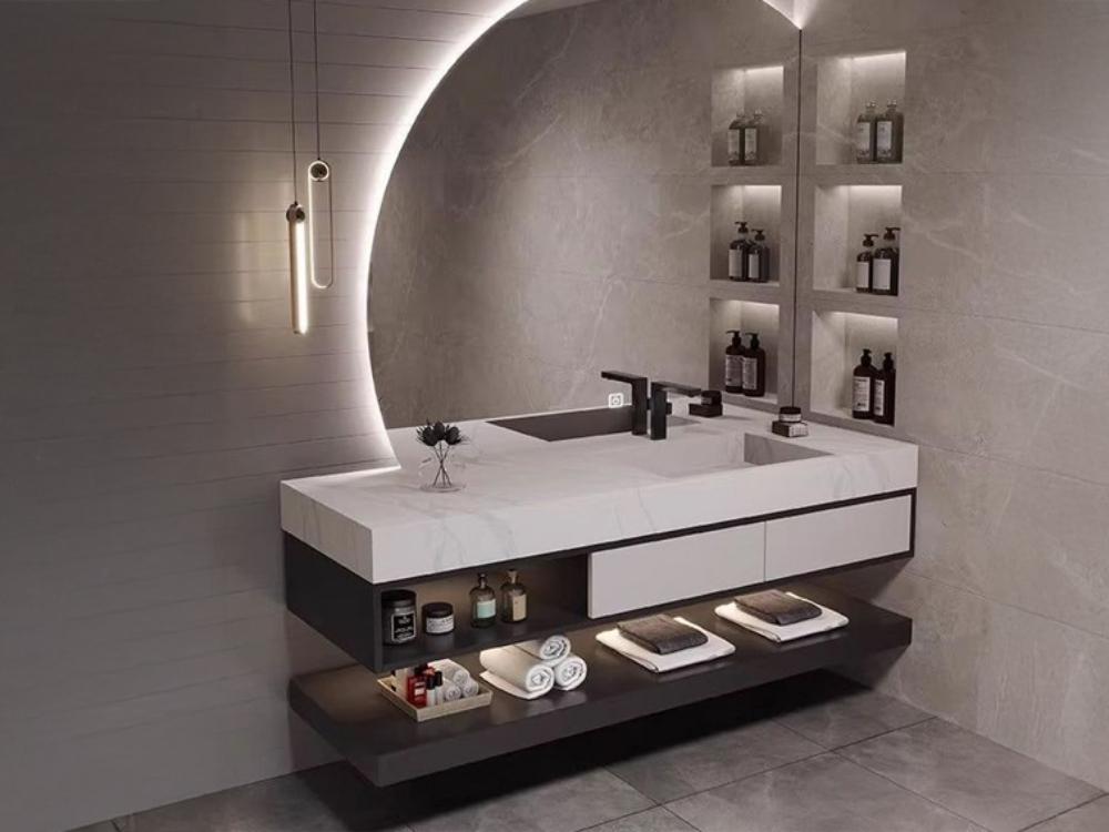 Nhà vệ sinh nhà phố 3 tầng với kệ âm tường thông minh giúp tiết kiệm diện tích, giữ cho phòng luôn ngăn nắp.