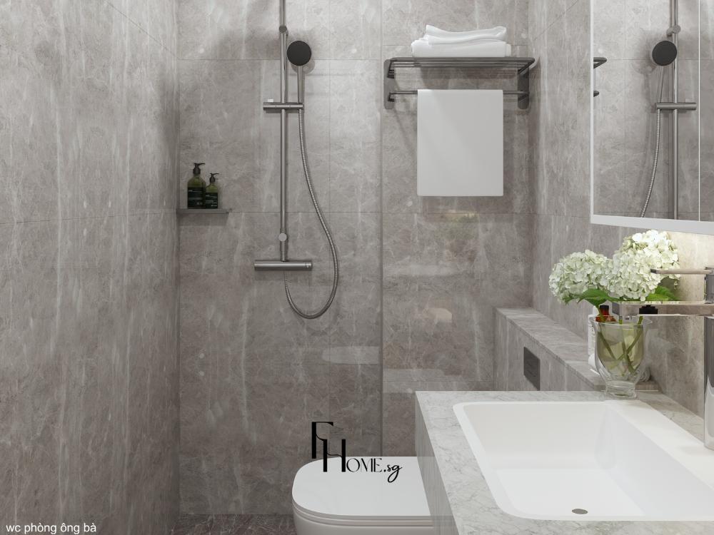 Nhà vệ sinh phong cách Hiện đại sử dụng vật liệu kính, kim loại và bê tông